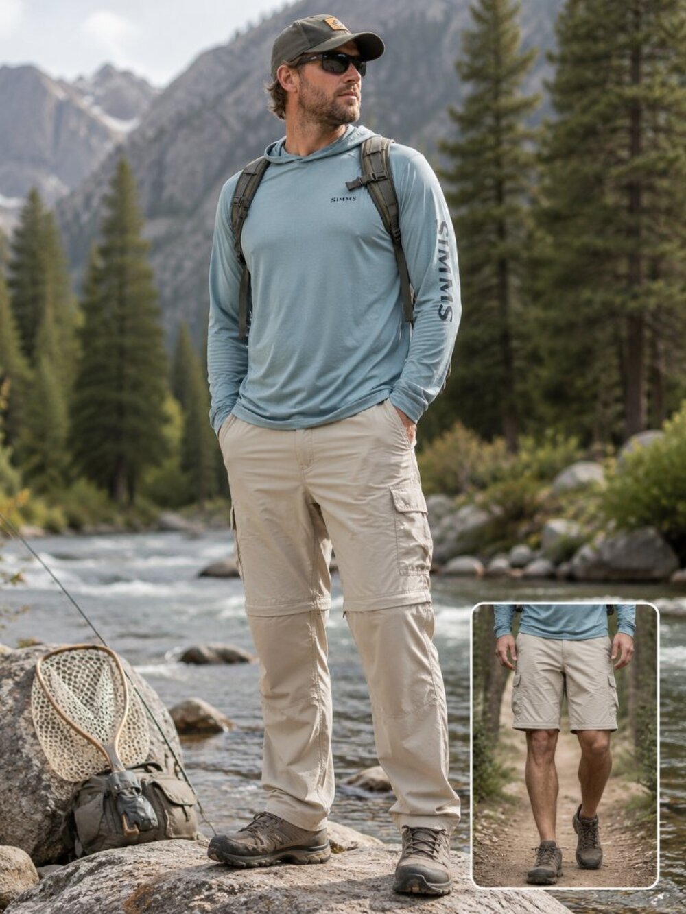 Simms Men’s XL Convertible Cargo Fishing Pants Zip Off Nylon Cream Campcore Hike